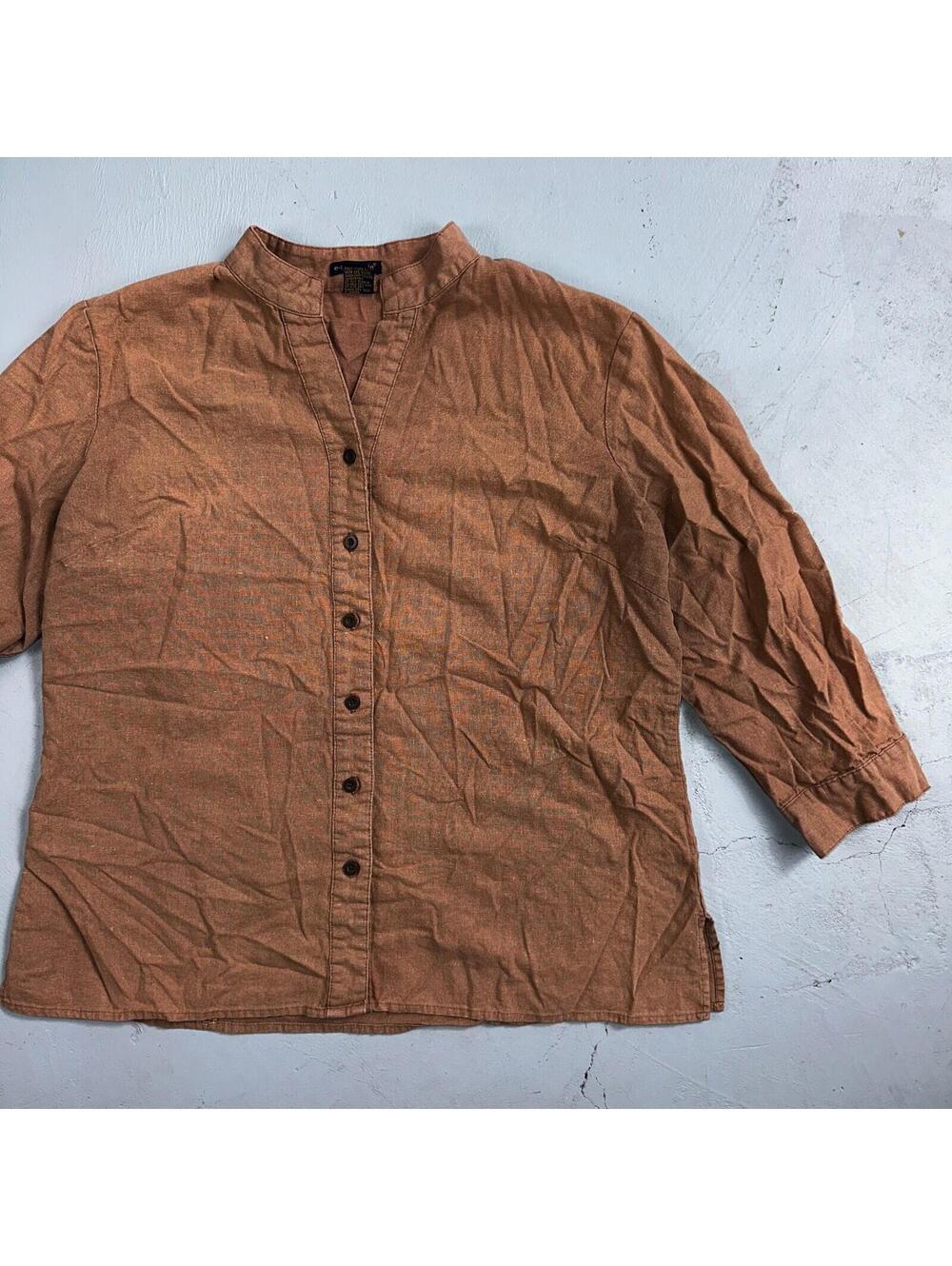 E-COL-O-GIE Womens Large Brown Linen Button Up Shirt Large Cotton VTG Y2K